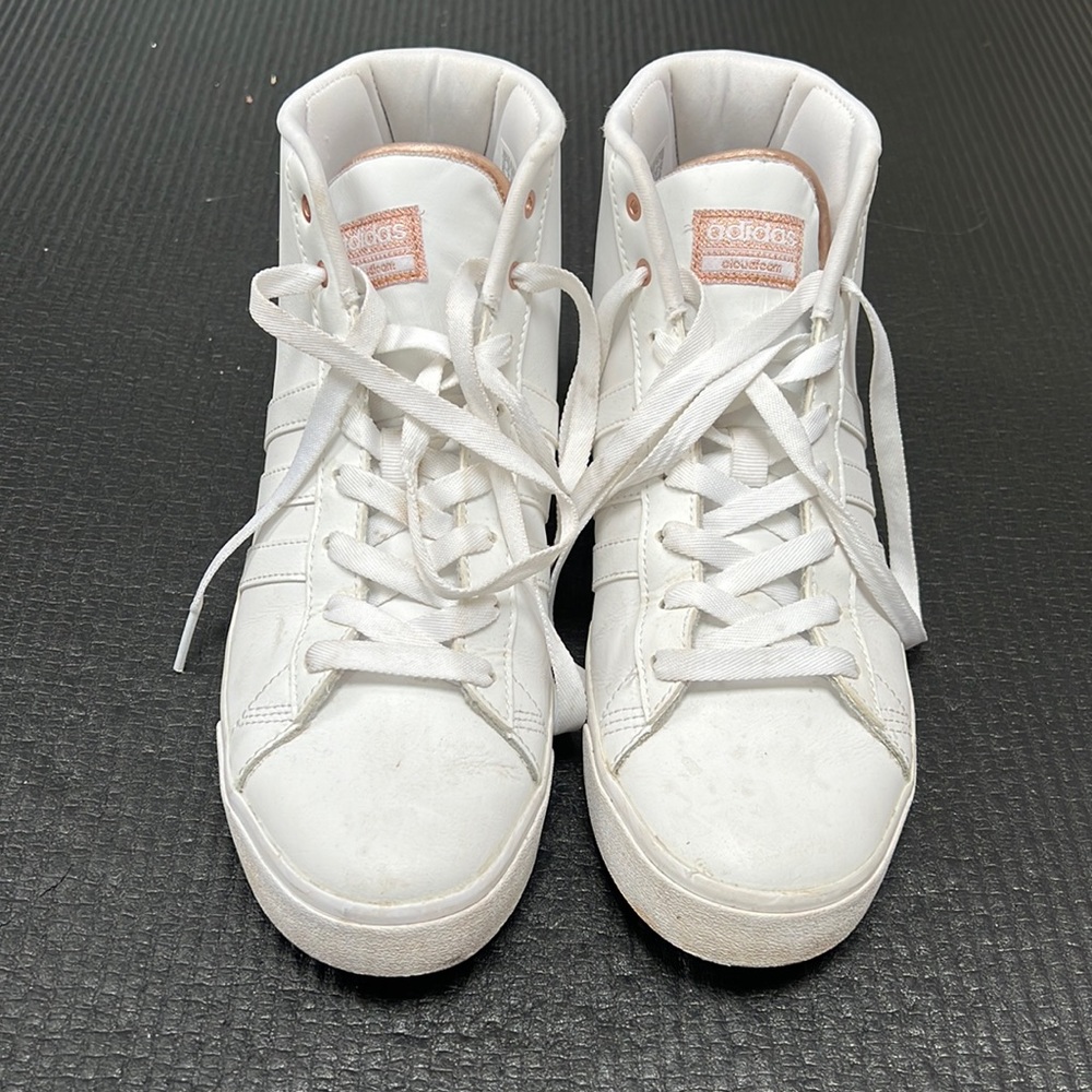 Adidas white / rose gold high top sneaker, size 8.5